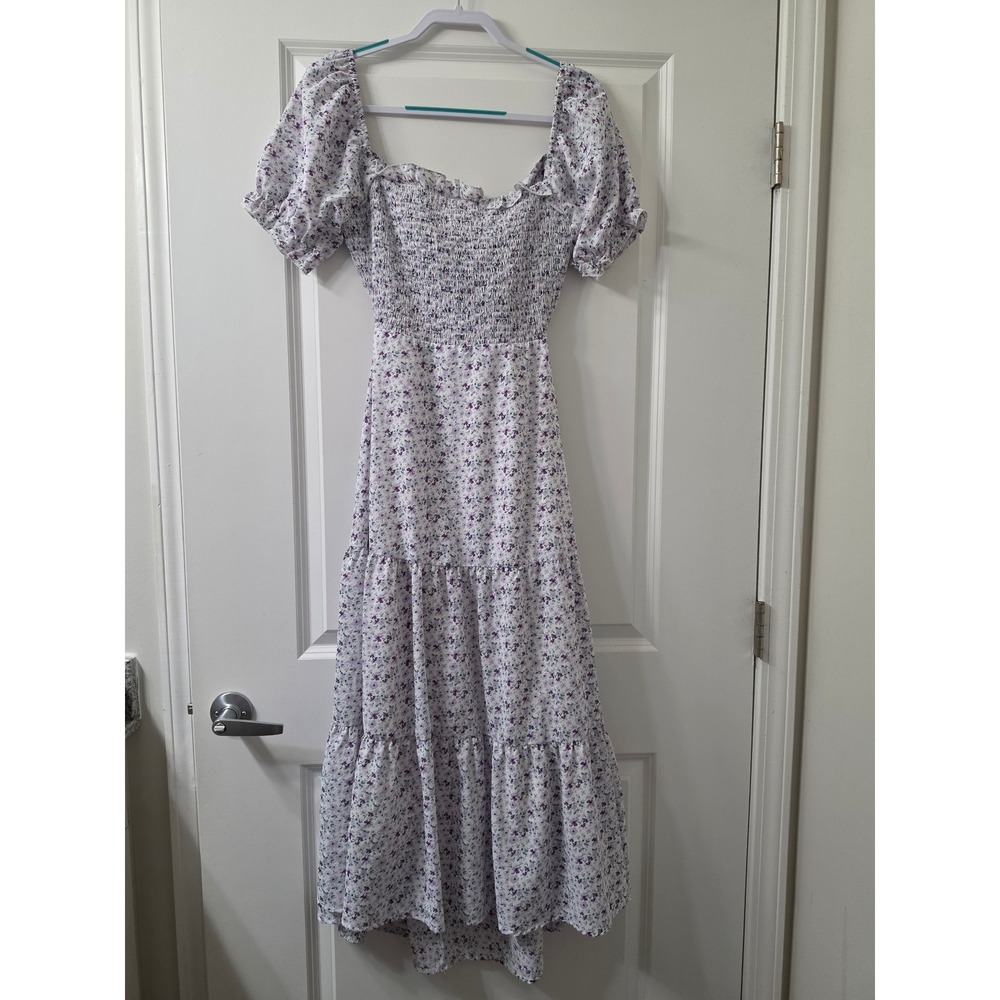Altar'd State Floral Smocked Puff Sleeve Tie Back Tiered Midi Dress Purple Large